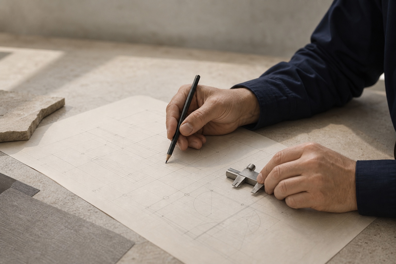 Mains anonymes examinant un plan technique sur une table de travail