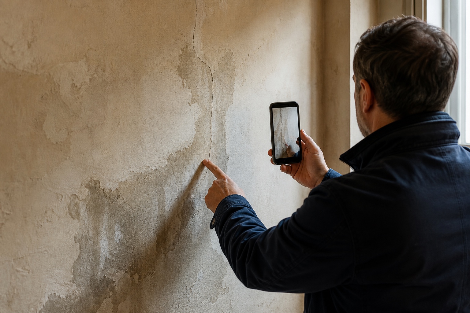 Expert bâtiment photographiant sur smartphone une trace d’humidité et une fissure observées sur un mur